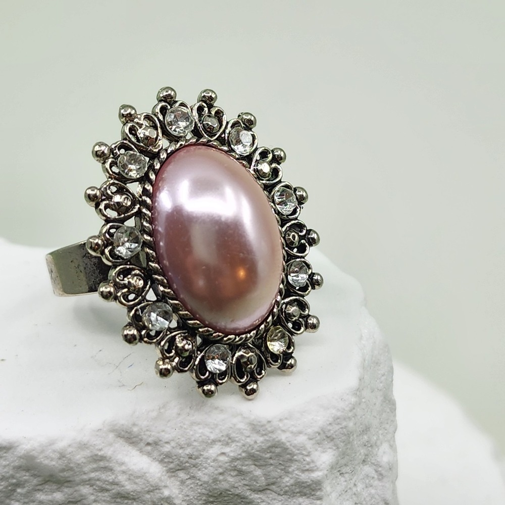 Pink Faux Pearl Rhinestone Filigree Statement Ring Silver Tone Adjustable Boho
